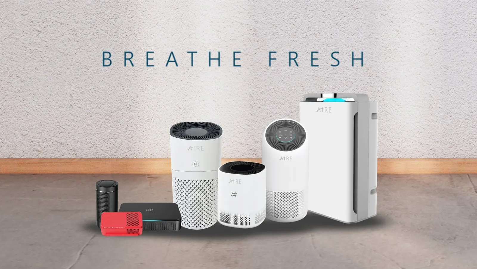 Part of the AIRE air purifier range — floor, tower, desktop, plug-in and car units